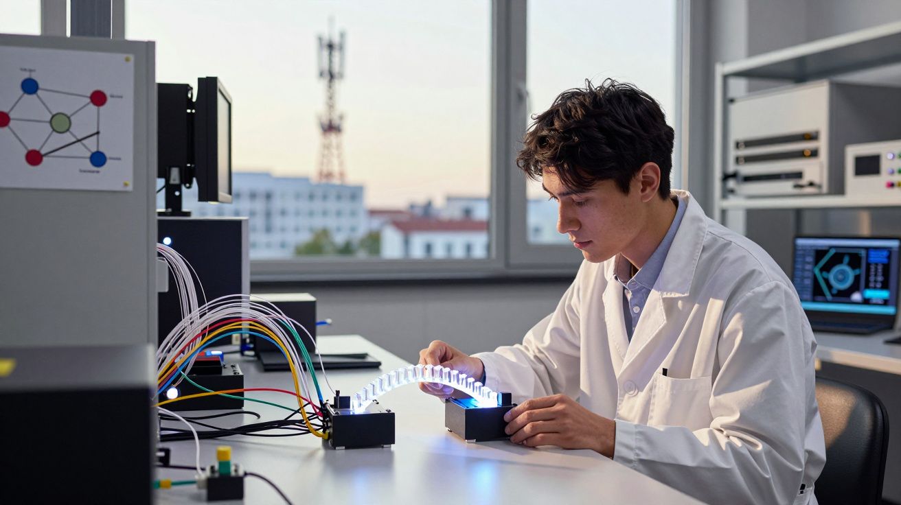 Jovem cientista em laboratório com jaleco branco manipula dispositivo eletrônico iluminado conectado a fios coloridos.