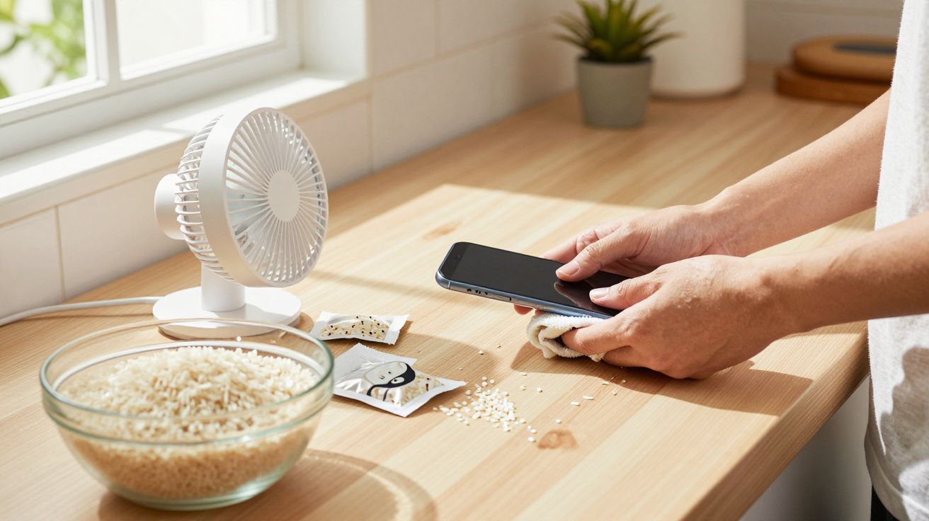Pessoa segurando celular próximo a ventilador e tigela com grãos de arroz sobre bancada de madeira.