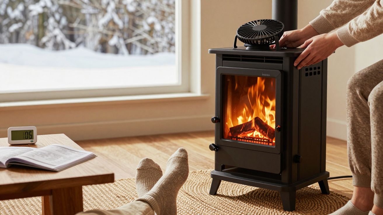 Lareira a lenha acesa com pessoa ajustando ventilador enquanto outra relaxa com meias perto.