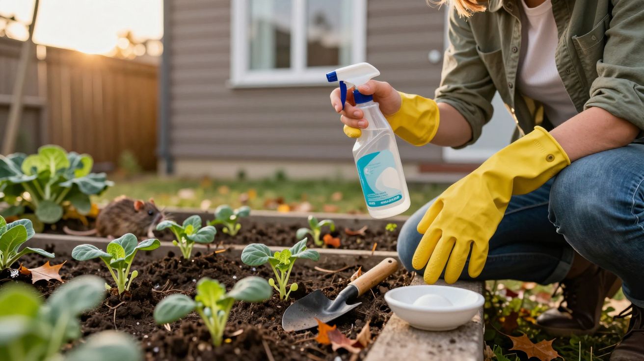 Pessoa com luvas amarelas pulverizando plantas em canteiro do jardim com pá e prato ao lado.