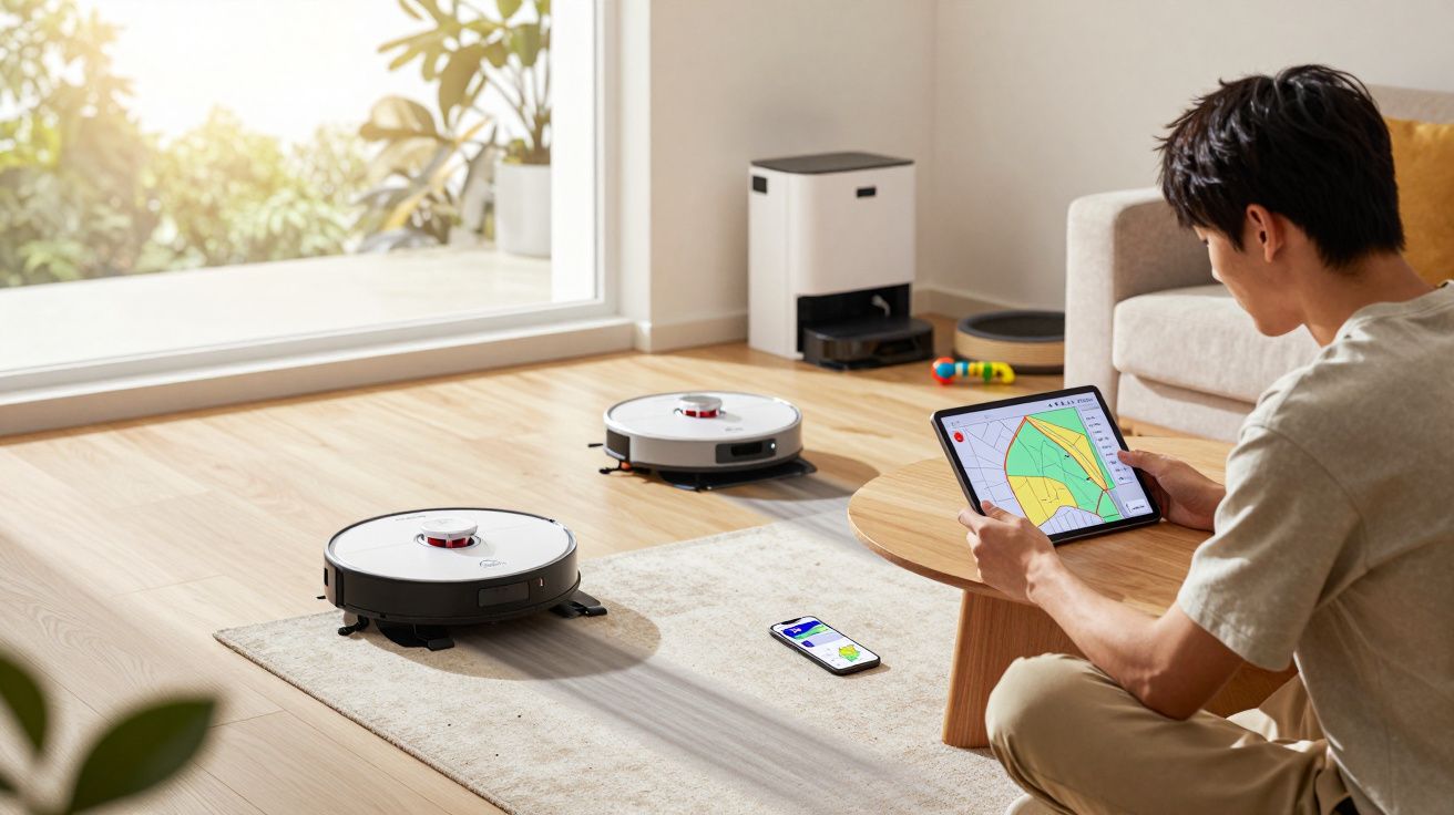 Homem controla aspiradores robôs no chão da sala usando tablet e smartphone junto à mesa de centro.