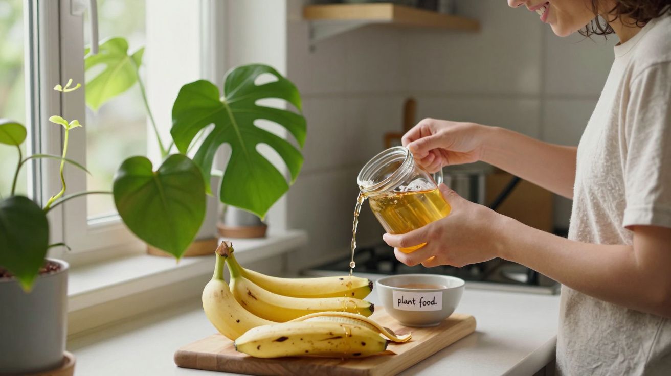 Pessoa derramando líquido amarelo em um prato com a etiqueta "plant food" ao lado de bananas na cozinha.