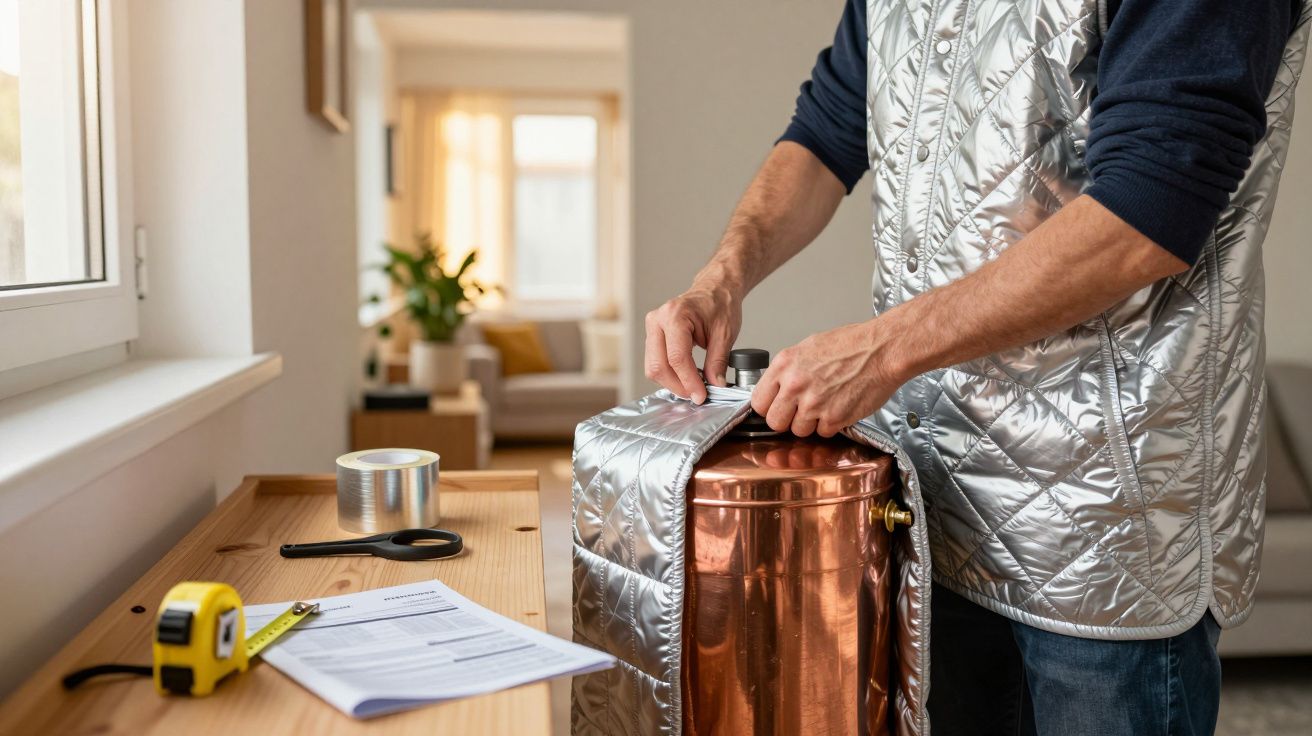 Pessoa vestindo colete prata ajusta manta térmica em boiler de cobre em ambiente residencial iluminado.