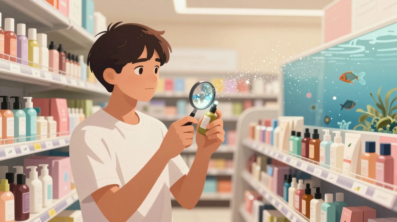 Garoto segurando uma lupa e examinando frasco de cosmético em loja, com aquário ao fundo.