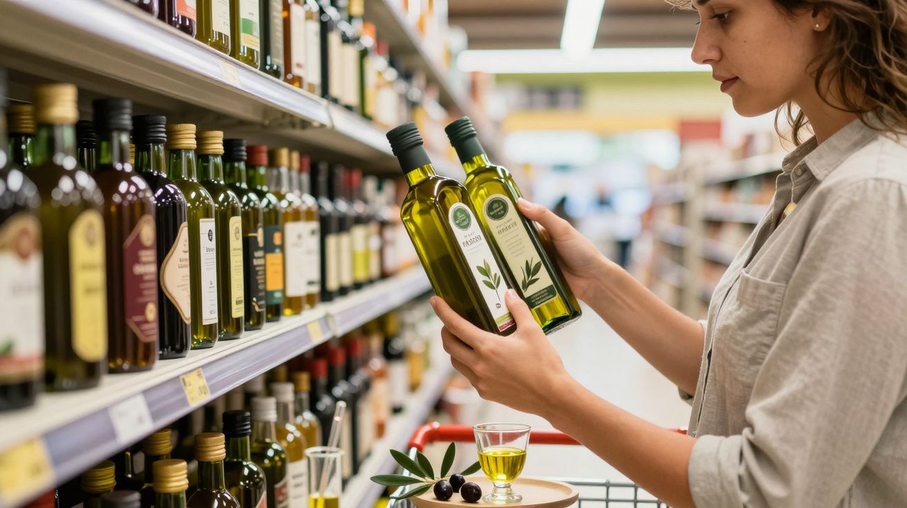 Mulher em supermercado segurando duas garrafas de azeite junto a carrinho com taça de azeite e azeitonas.