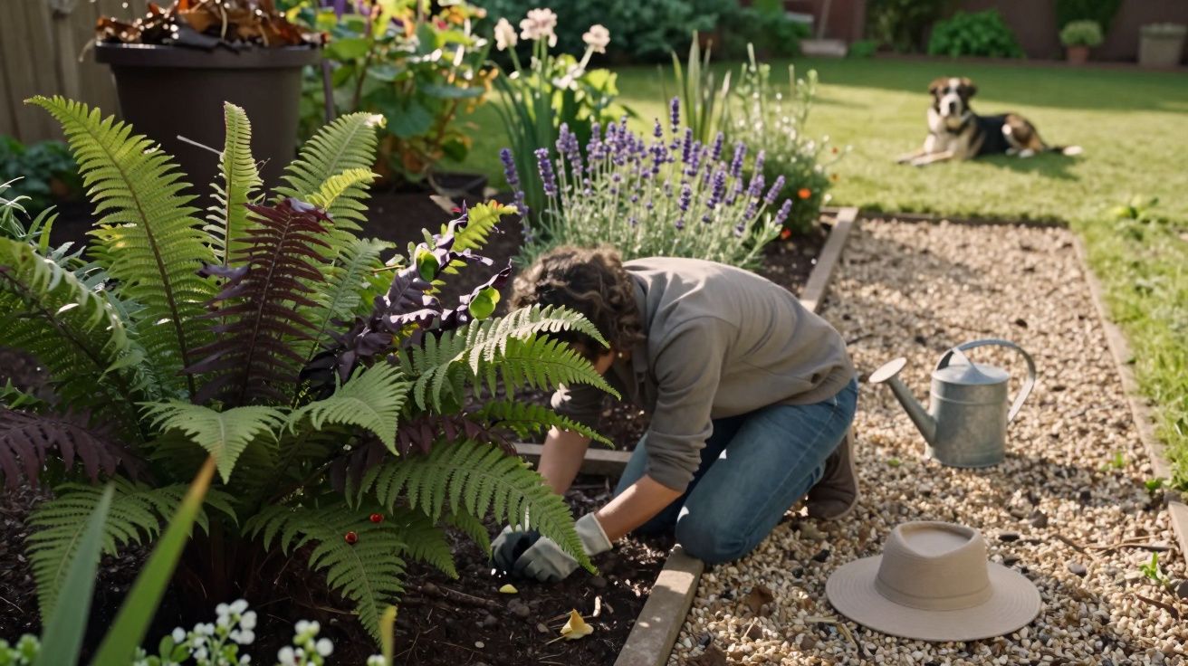 Pessoa cuidando do jardim com regador e chapéu ao lado, cachorro deitado na grama ao fundo.