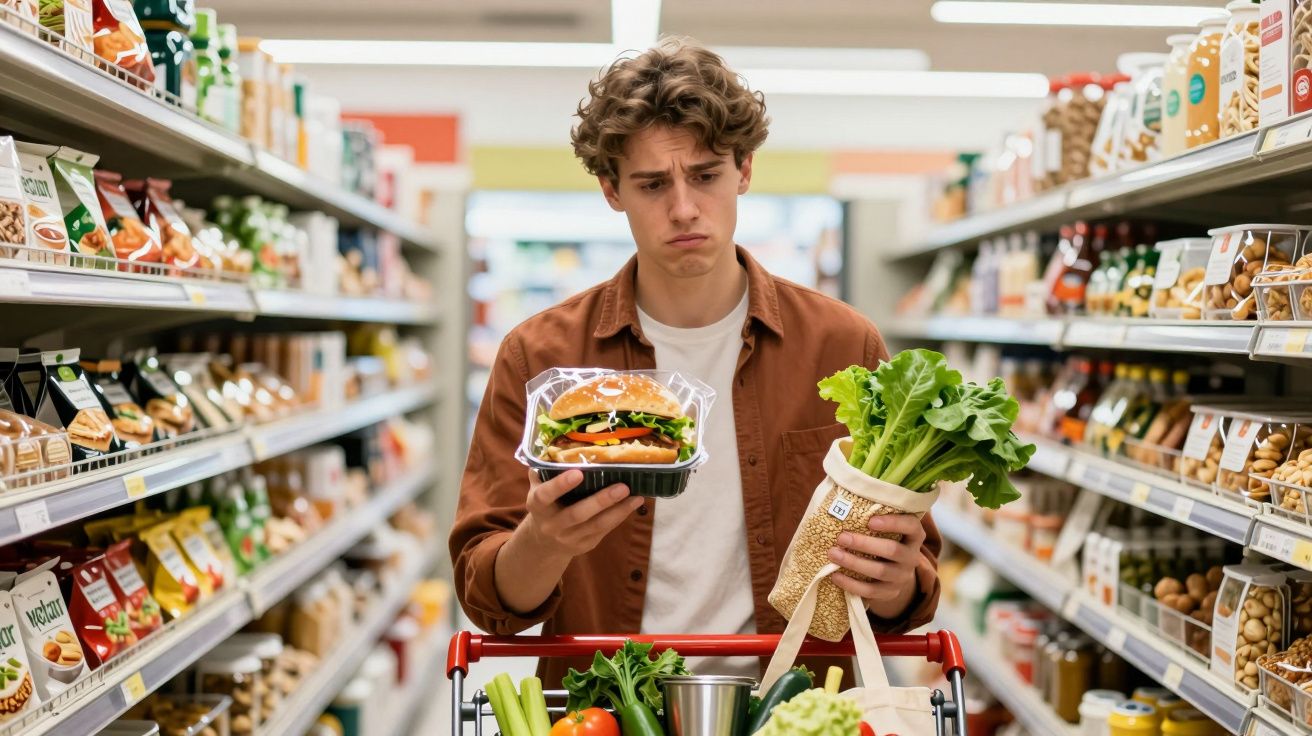 Jovem indeciso segura hambúrguer e alface enquanto faz compras em supermercado.