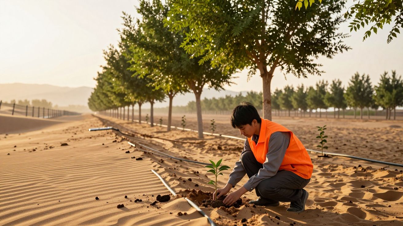 Pessoa em colete laranja plantando muda em área arenosa com fileiras de árvores ao fundo.
