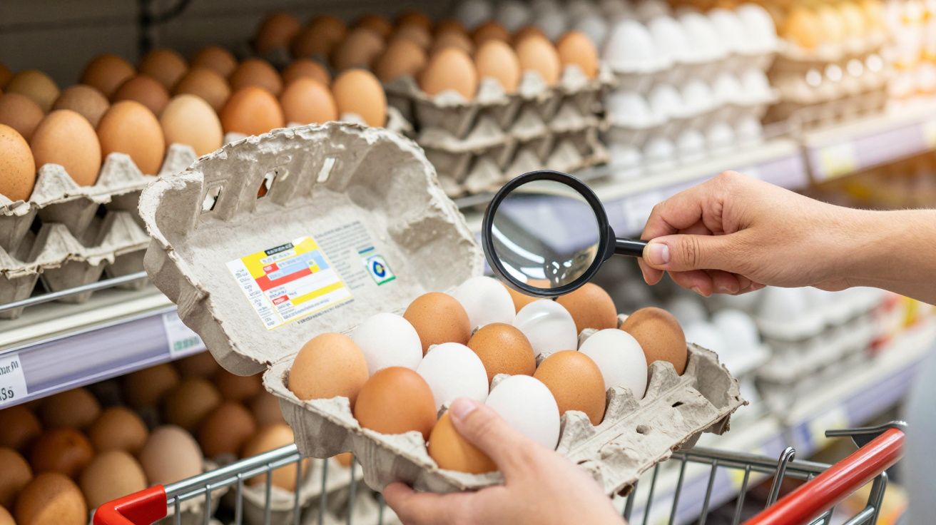 Pessoa segurando embalagem de ovos mistos e usando lupa para inspecionar em supermercado.
