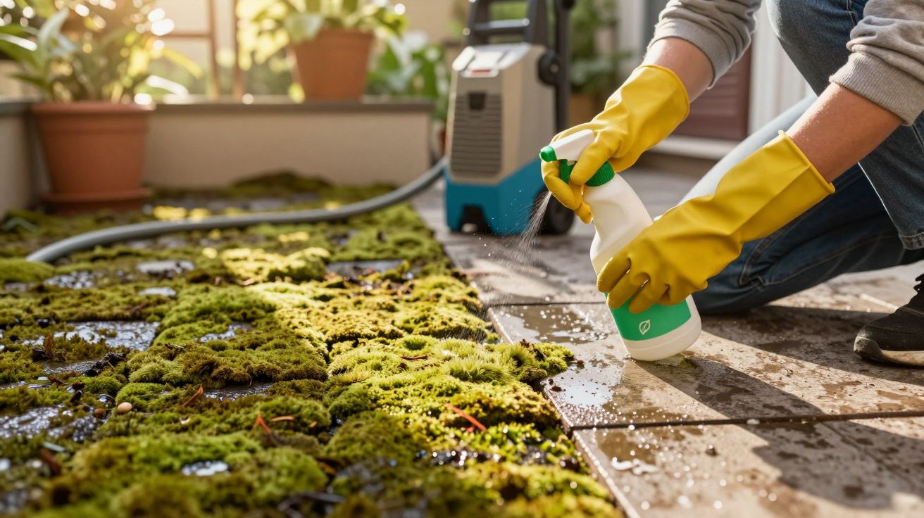 Pessoa com luvas amarelas borrifando produto para limpar musgo do chão de pedra em área externa.