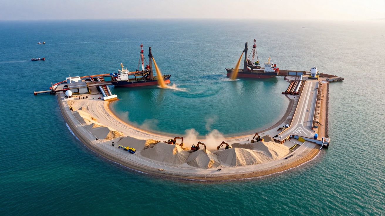 Porto marítimo com navios descarregando areia em grandes montes próximos à água em forma circular.