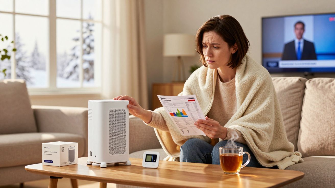 Mulher com manta ajusta calefator portátil enquanto segura conta e está em sala com chá e TV ligada.