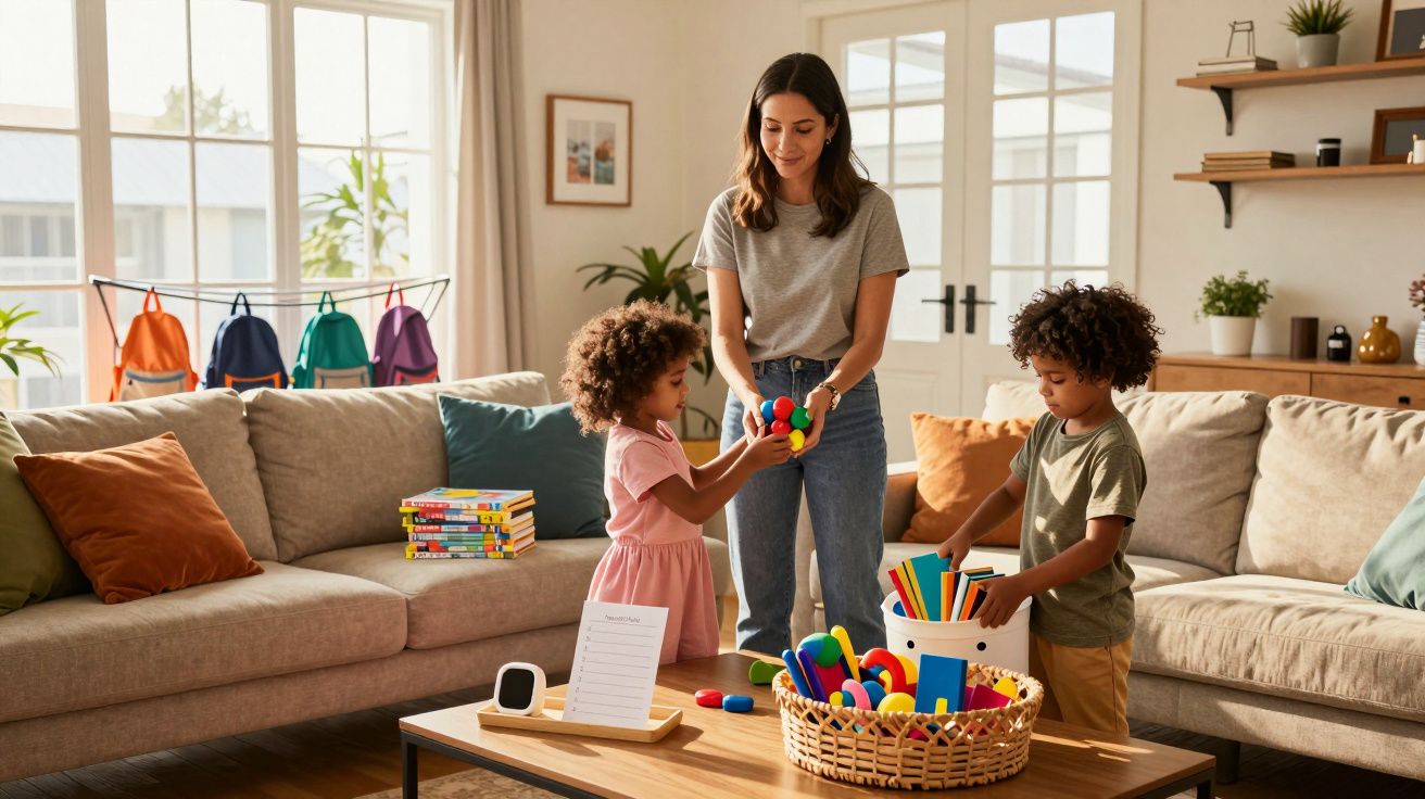 Mulher e duas crianças brincam com blocos coloridos em uma sala de estar iluminada e acolhedora.
