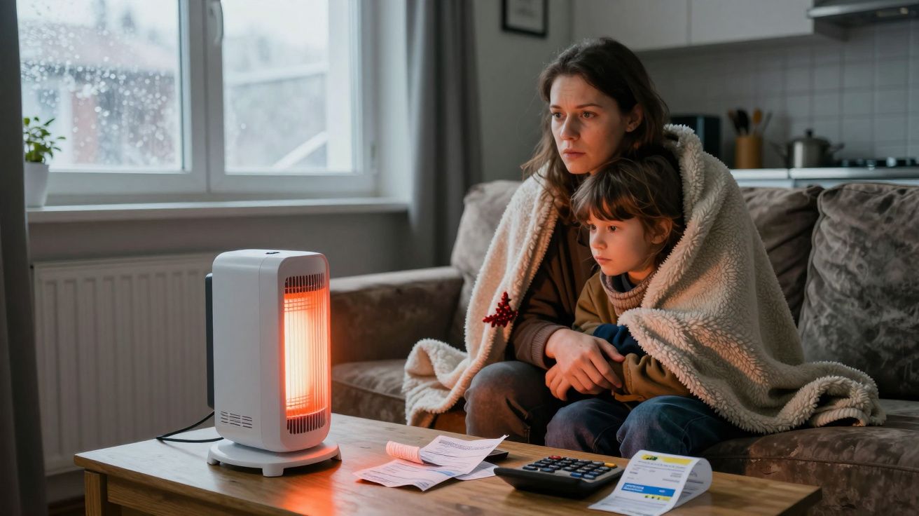 Mulher e criança sentados no sofá cobertos com cobertor perto de um aquecedor elétrico e contas na mesa.