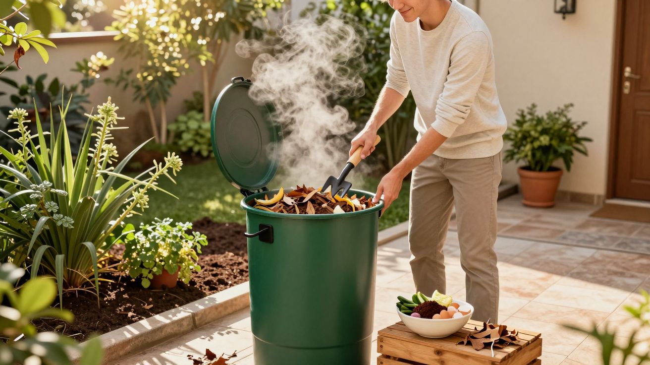 Pessoa mexendo compostagem de folhas úmidas liberando vapor em área externa de casa ensolarada.