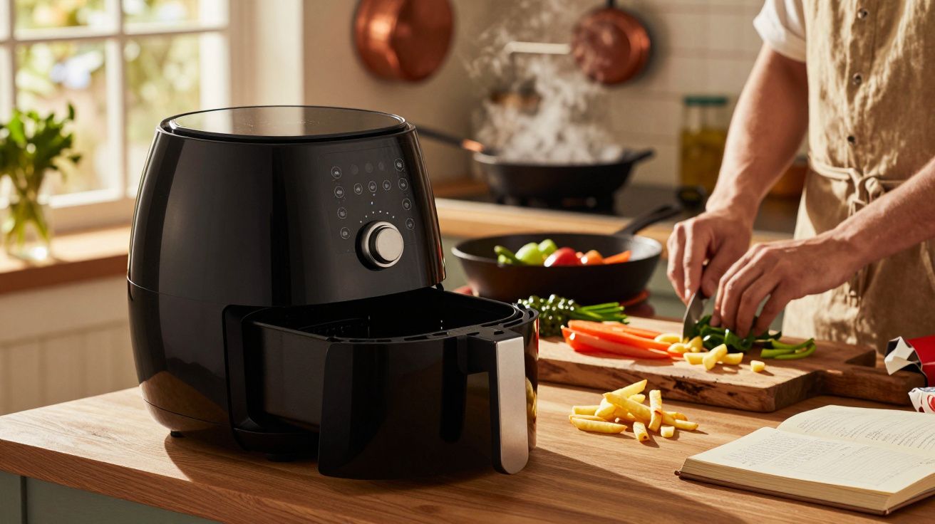 Air fryer preta com cesto aberto em bancada de cozinha, pessoa cortando legumes em tábua.