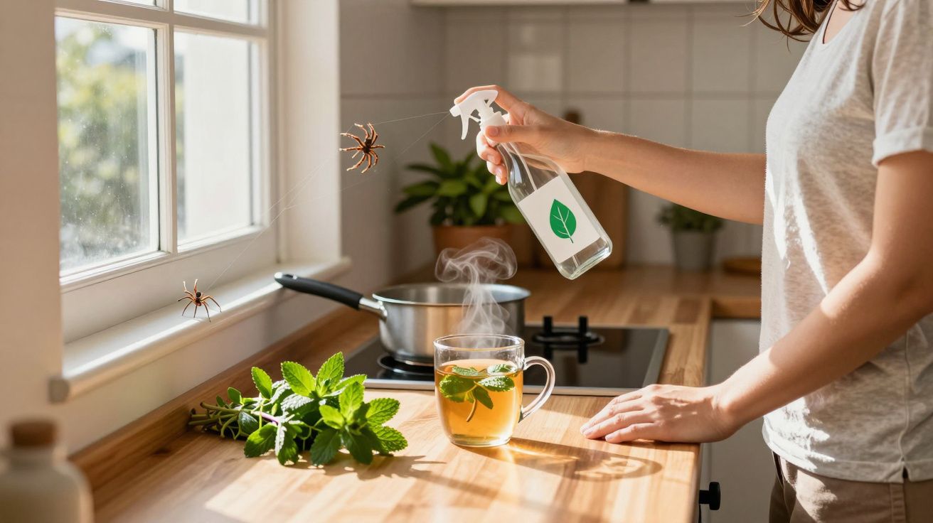 Pessoa borrifando inseticida para afastar aranhas em cozinha iluminada com xícara de chá e plantas na bancada.