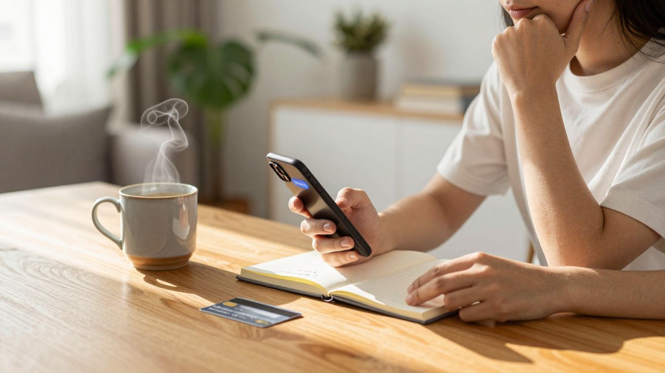 Pessoa usando celular e caderno numa mesa com xícara fumegante e cartão de crédito sobre a superfície.