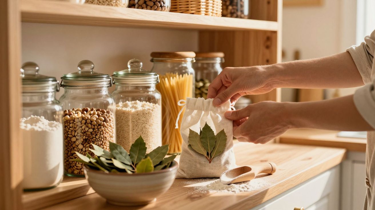 Mãos segurando saco de pano com folhas de louro em cozinha com potes de vidro e utensílios sobre bancada de madeira.