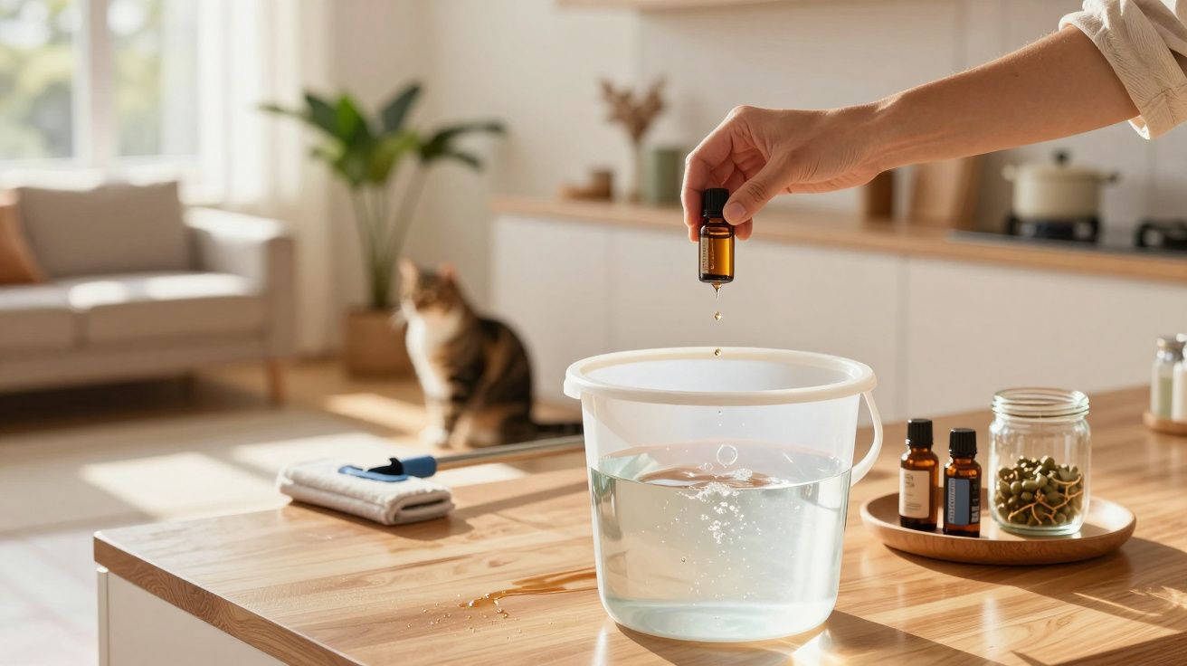 Pessoa pingando óleo essencial em balde com água em cozinha iluminada, gato ao fundo.