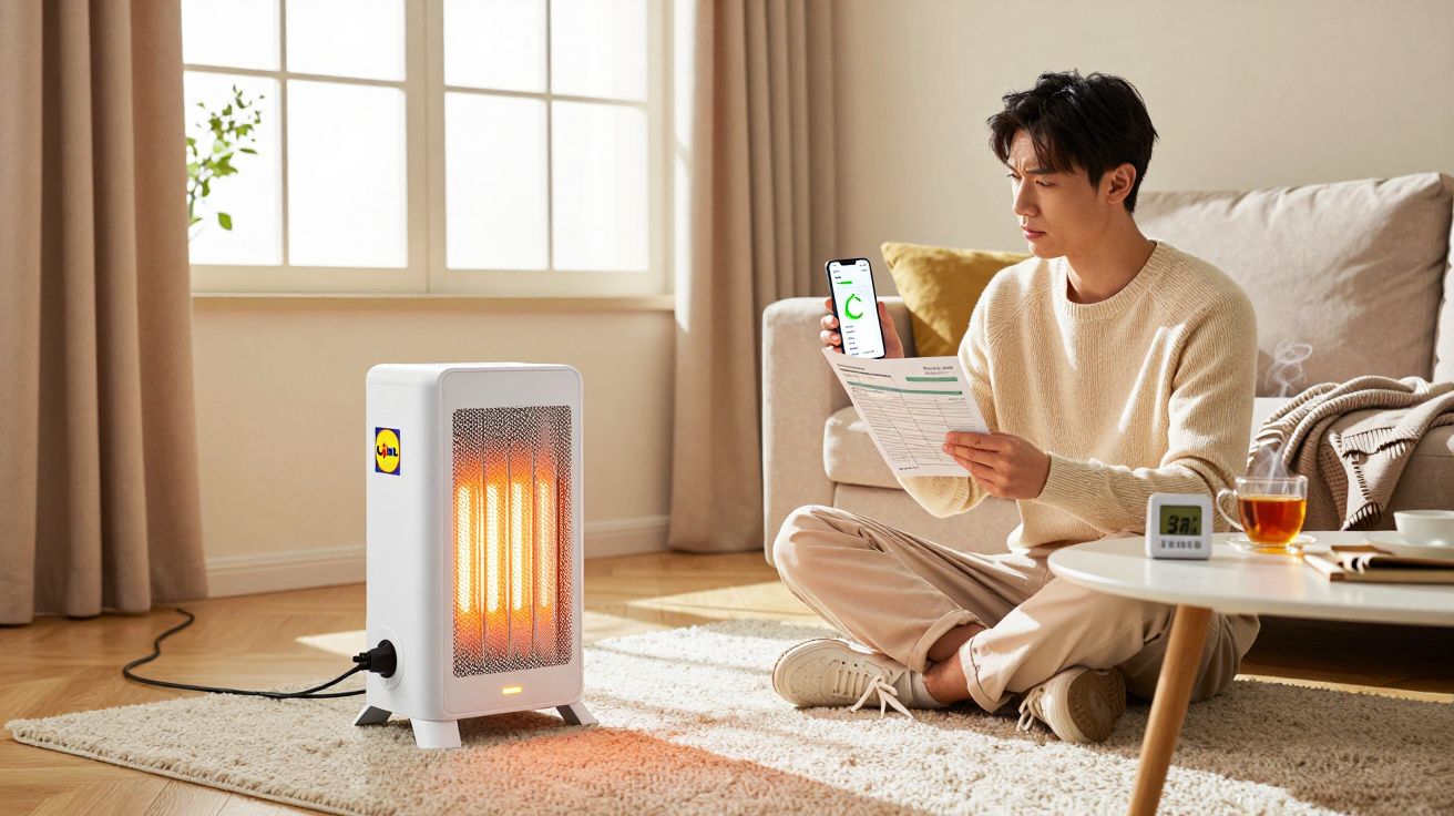 Homem sentado no chão de sala com aquecedor elétrico ligado e segurando celular e documentos.