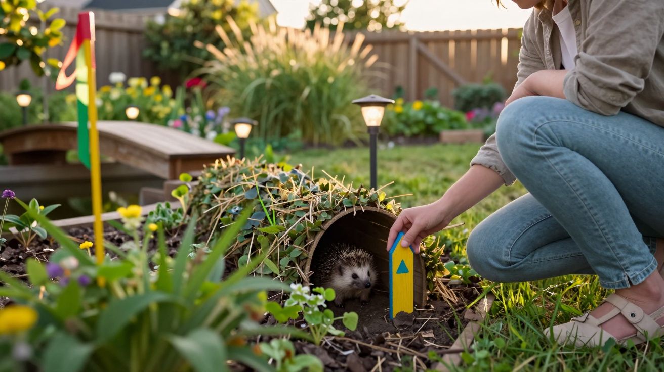 Pessoa alimentando um ouriço dentro de um cano decorado no jardim durante o dia.