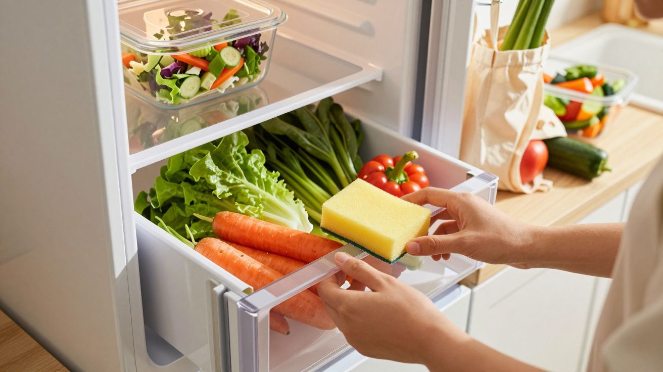 Mãos segurando uma esponja sobre gaveta de geladeira aberta com legumes e salada fresca.
