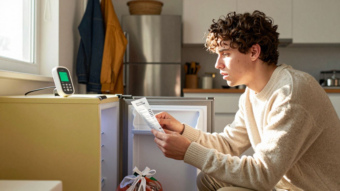 Jovem lendo rótulo de produto enquanto agacha em frente a geladeira aberta na cozinha.