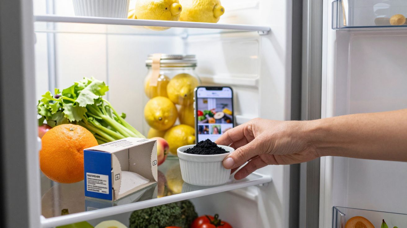 Interior da geladeira com frutas, legumes, pote de carvão ativado e mão segurando o pote.