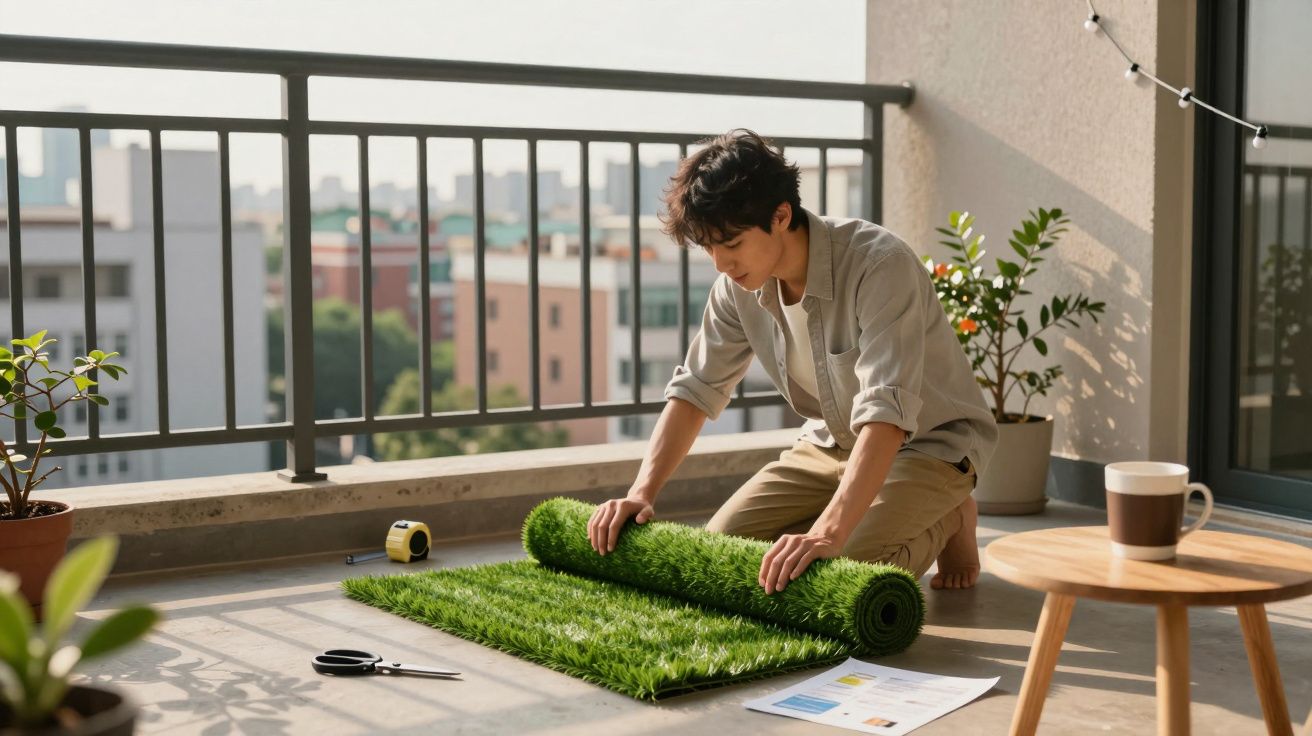 Jovem desenrolando grama sintética em sacada ensolarada com plantas e mesa de madeira ao lado.