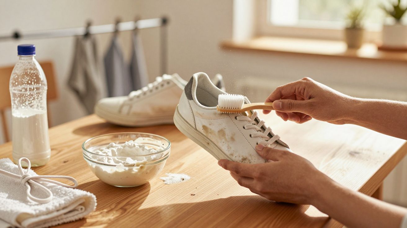 Pessoa limpando tênis branco sujo com escova, bicarbonato e toalha em mesa de madeira.