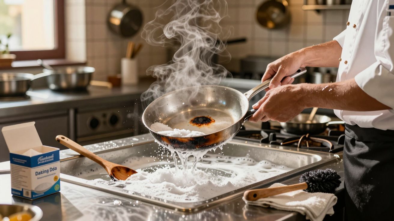 Pessoa limpando frigideira que está soltando fumaça sobre pia cheia de espuma em cozinha.