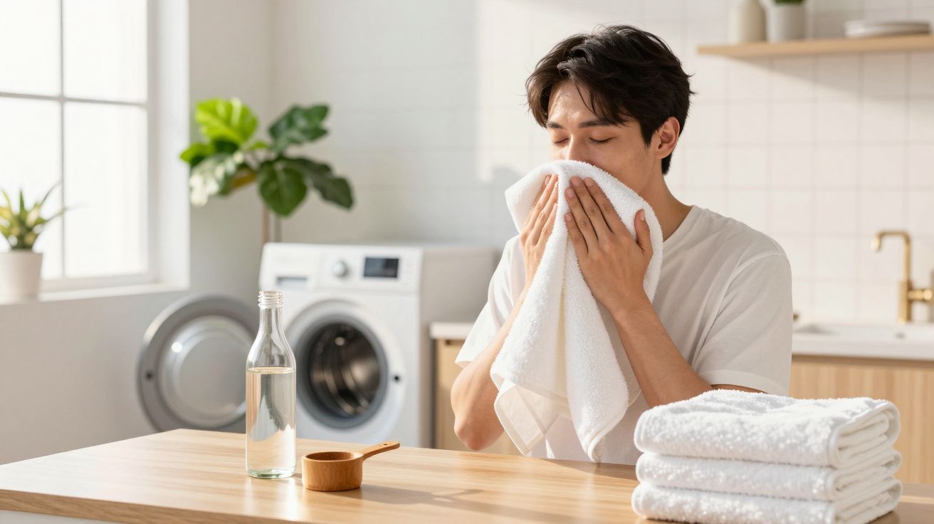 Homem secando o rosto com toalha em lavanderia, ao lado de toalhas dobradas e jarra de vidro na mesa.