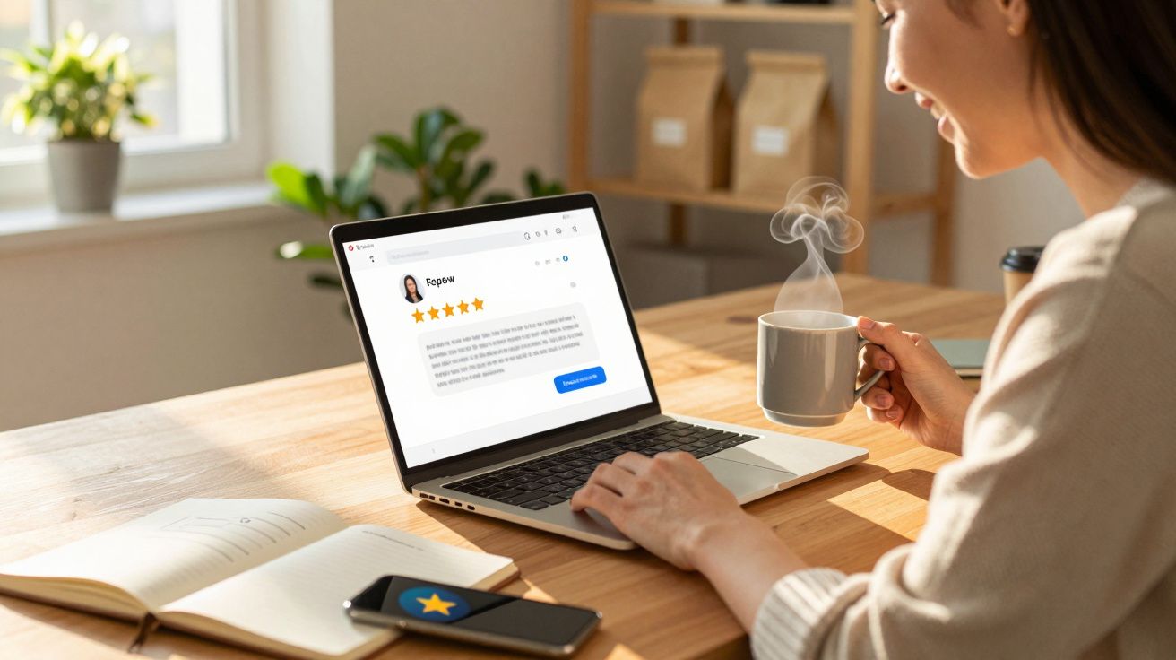 Mulher sorridente segurando xícara de café quente e avaliando produto com 5 estrelas no laptop.