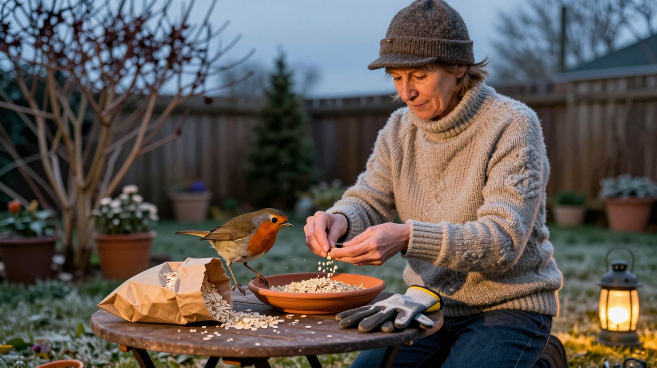 Mulher em suéter cinza e gorro alimenta pássaro vermelho e marrom em jardim ao entardecer.