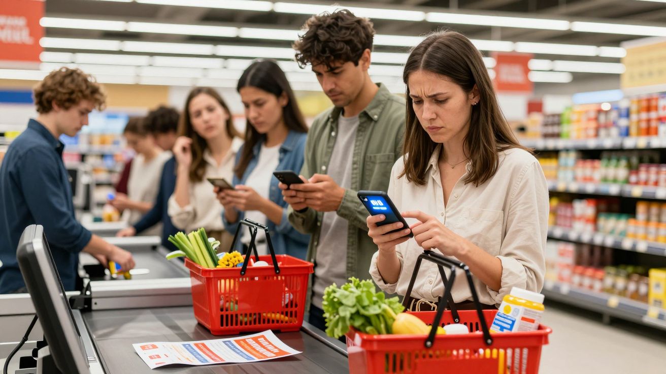 Pessoas na fila do supermercado usando celulares enquanto aguardam para pagar suas compras.
