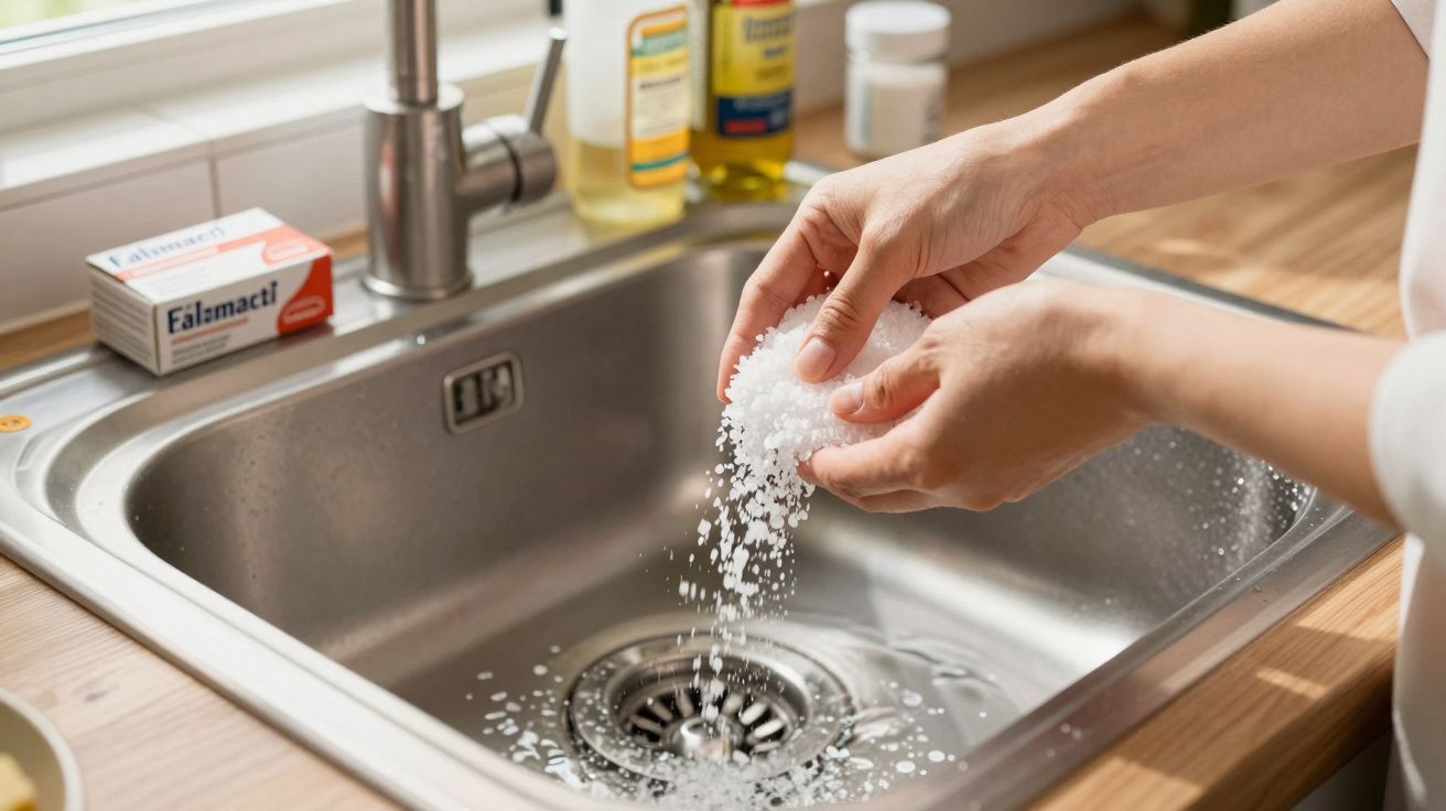 Mãos jogando gelo no ralo de pia de cozinha com produtos ao fundo na bancada.
