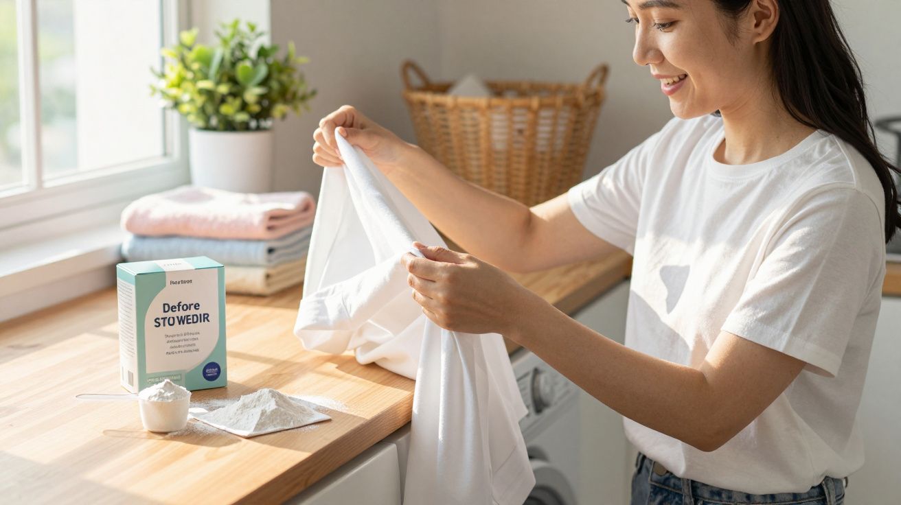 Mulher sorridente segurando roupa branca ao lado de detergente em pó para limpeza doméstica.