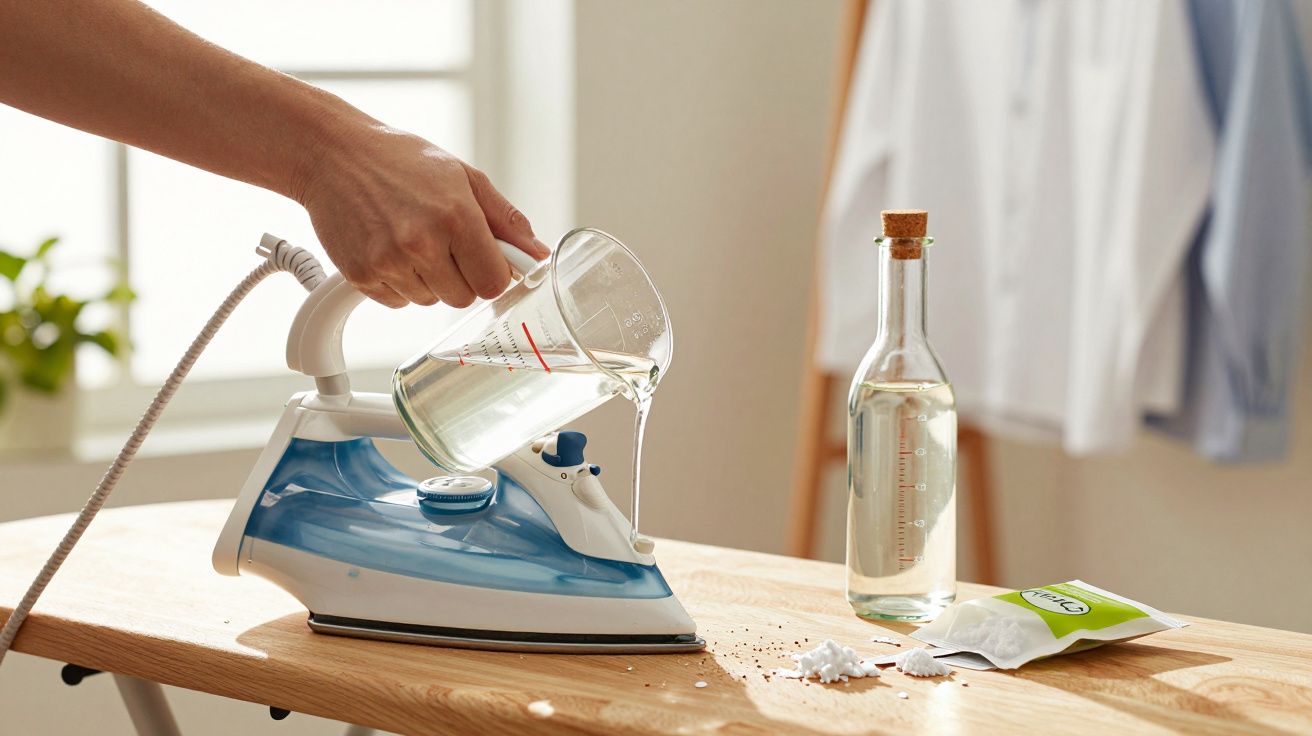 Mão despejando água em ferro de passar azul sobre tábua de passar com garrafa e saquinho.