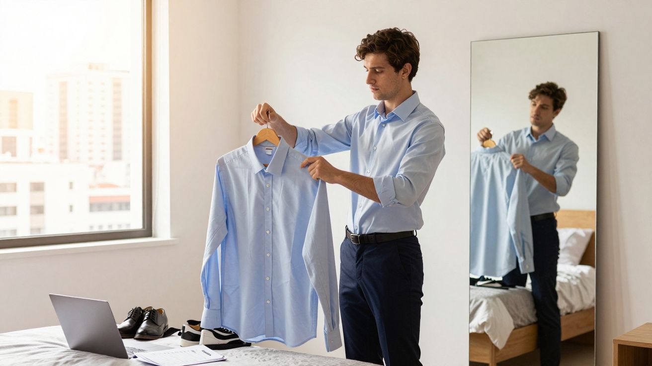 Homem vestindo camisa azul, segurando camisa social azul clara em cabide diante de espelho no quarto.