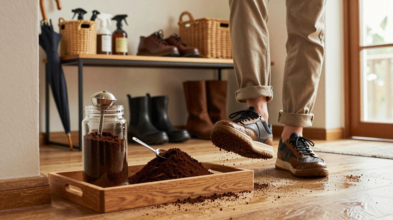 Pessoa pisando em terra espalhada no chão de uma entrada de casa com sapatos marrons e calça bege.