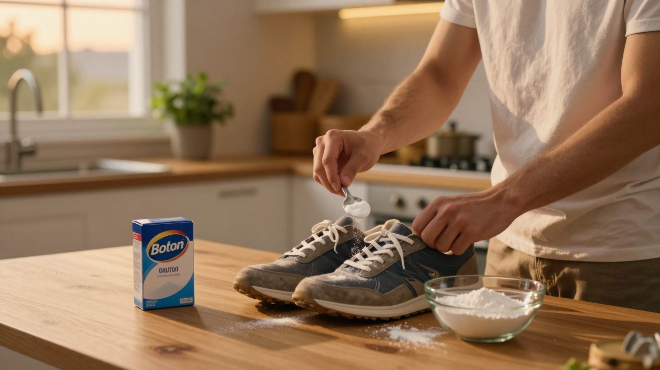 Pessoa polvilhando pó branco em tênis sujo sobre mesa de cozinha com caixa e tigela do produto ao lado.