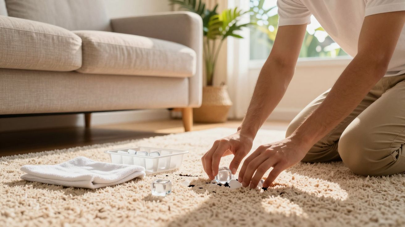 Pessoa colocando cubos de gelo em uma mancha de líquido escuro no tapete da sala.