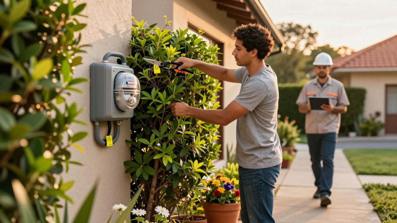 Homem aparando arbusto próximo a medidor de energia enquanto técnico caminha com prancheta ao fundo.