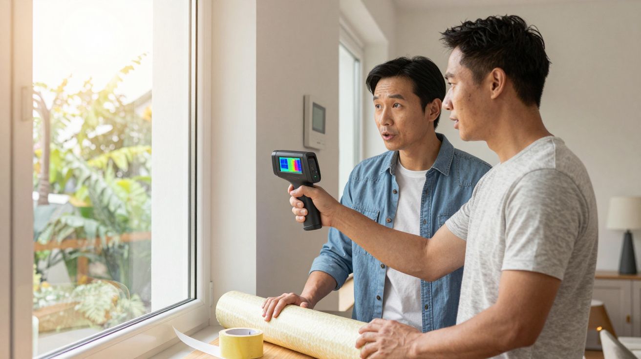 Dois homens usando uma câmera térmica para inspecionar janela em ambiente interno.
