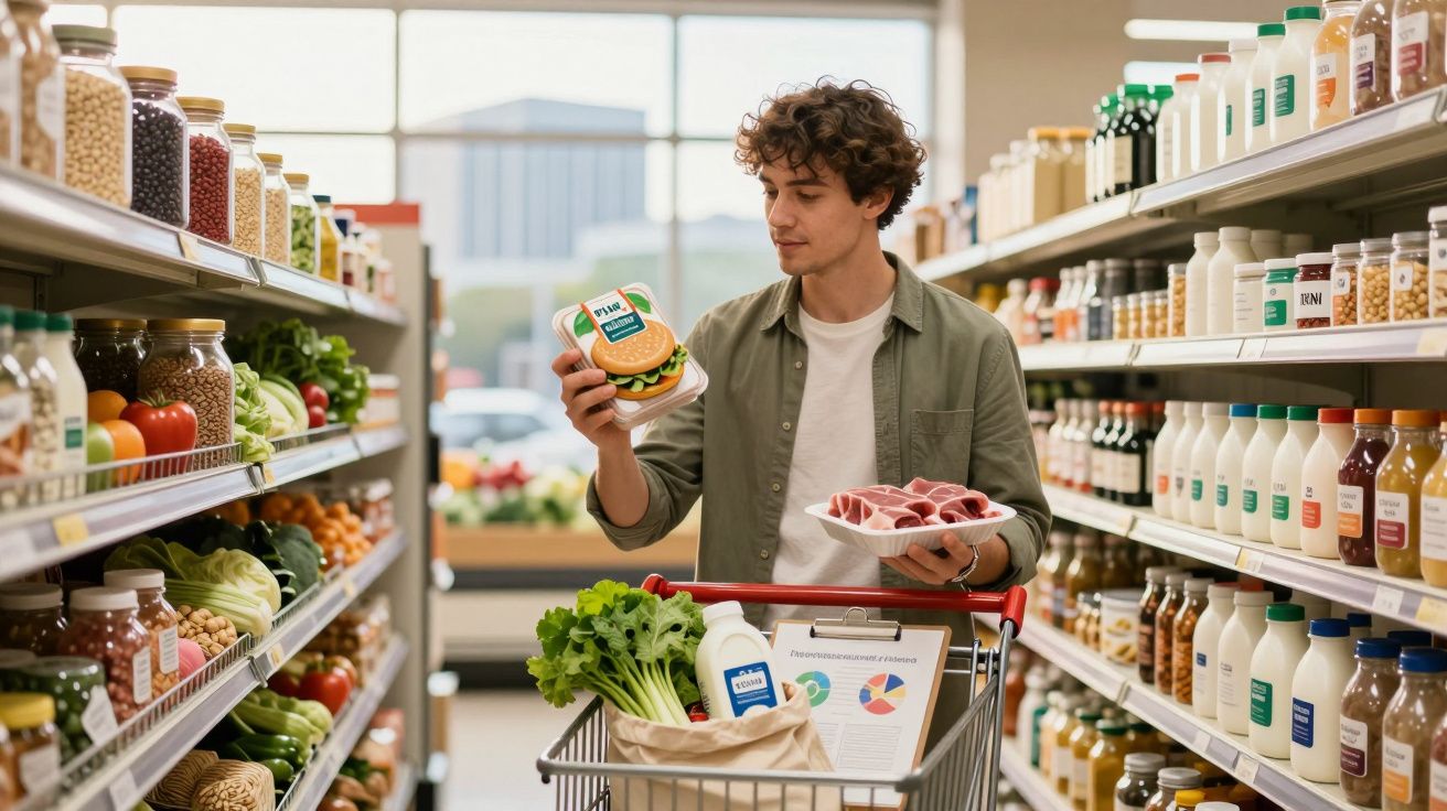 Homem jovem segurando alimentos e fazendo compras no corredor de supermercado.