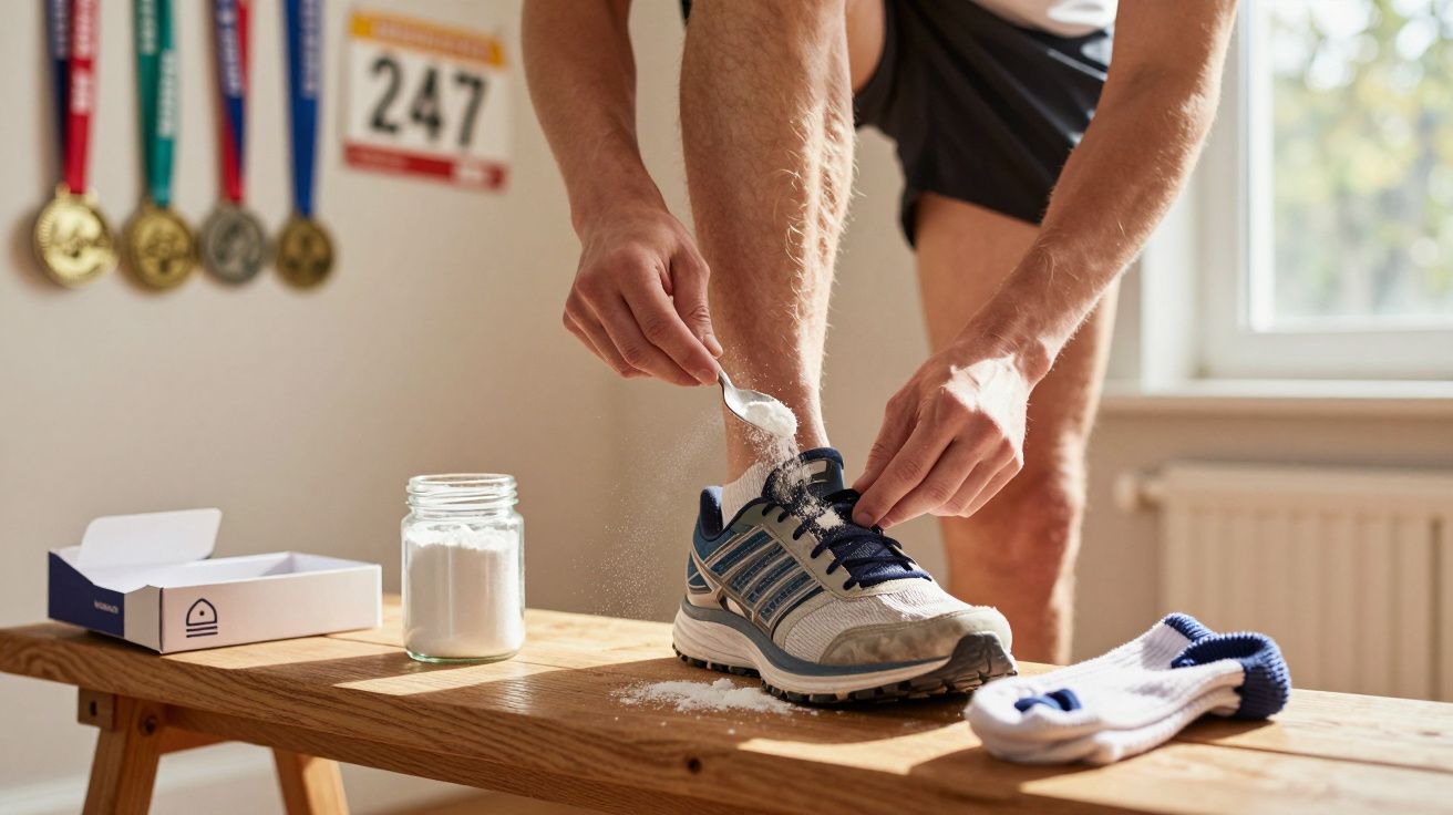 Atleta aplicando magnésio em pó no tênis antes de correr, com medalhas e número de corrida na parede.
