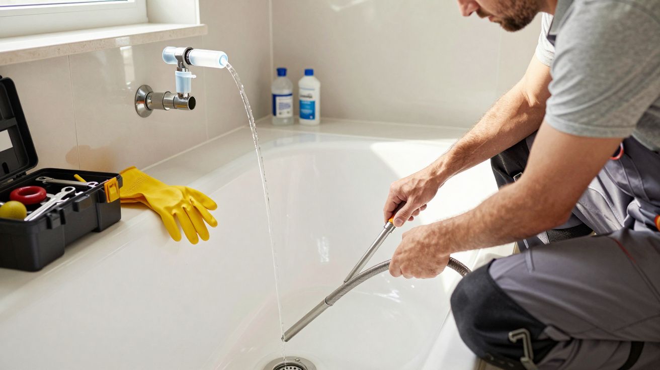 Encanador usando serpentina para desentupir ralo de banheira branca com água correndo.