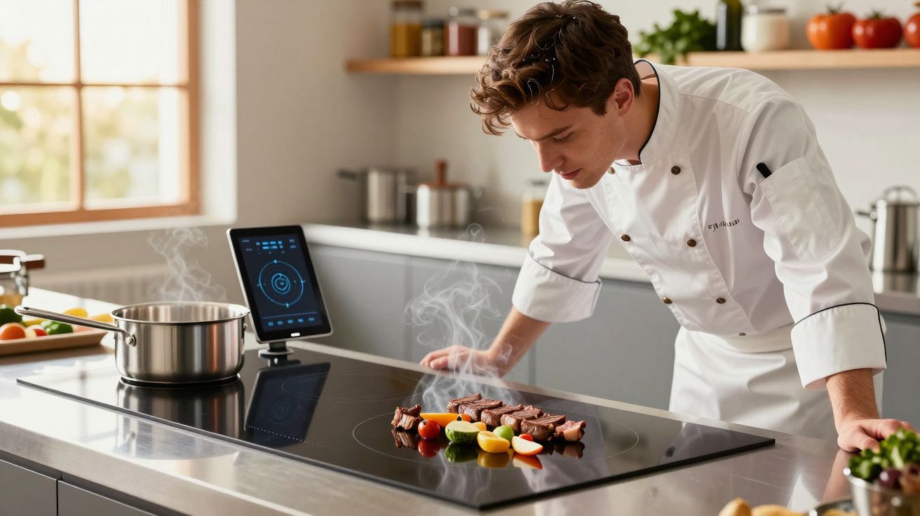 Chef observa carne e legumes grelhando em cooktop moderno em cozinha profissional iluminada.