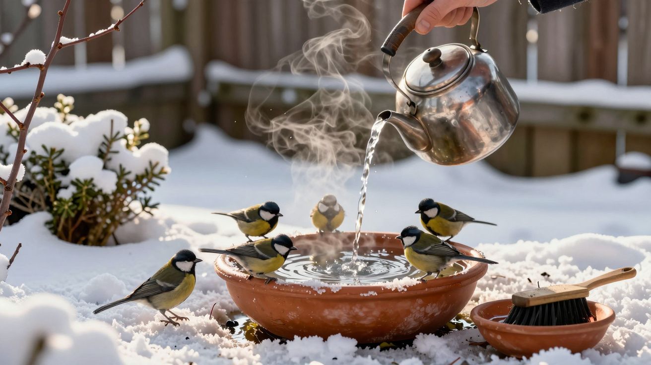 Pássaros próximos a tigela em cerâmica, água quente sendo servida, em ambiente com neve e vegetação.